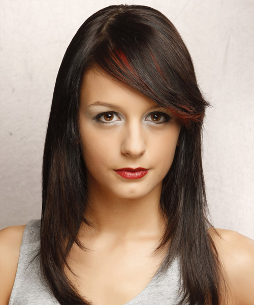 Long Straight Dark Brunette Hairstyle with Side Swept Bangs and Dark Red  Highlights