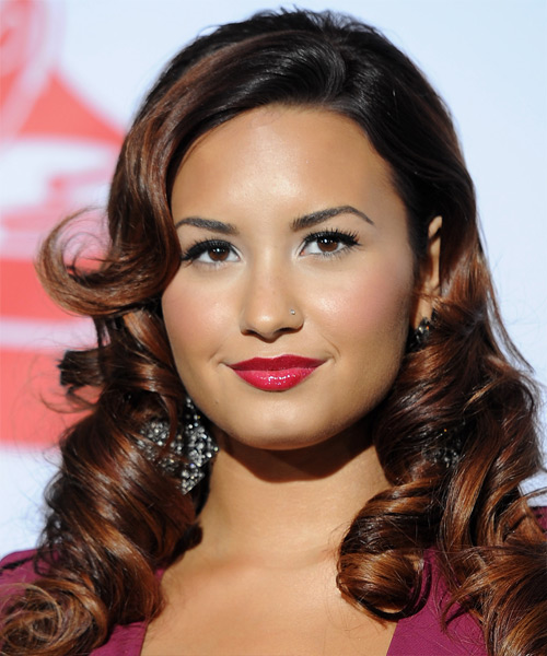 Demi Lovato Long Curly Feminine Hairstyle with Side Swept Bangs - Black Hair Color with Medium Brunette Highlights