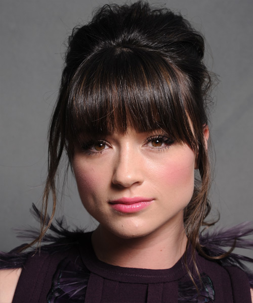 Crystal Reed  Long Straight   Dark Brunette  Updo Hairstyle with Blunt Cut Bangs