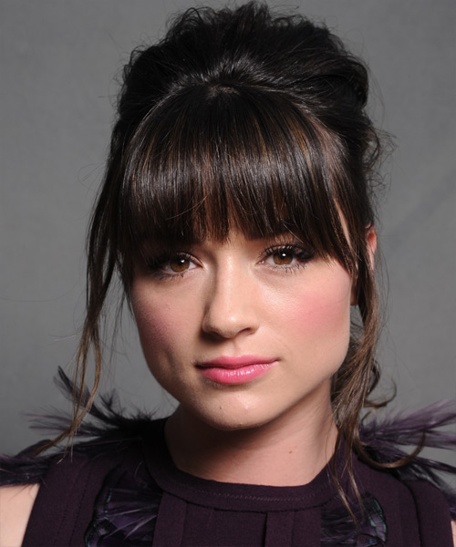 Crystal Reed Long Straight   Dark Brunette  Updo with Blunt Cut Bangs