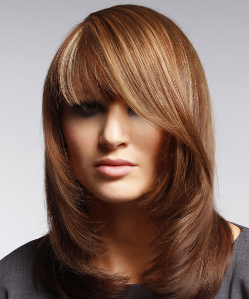 Medium Straight Hairstyle with Blunt Cut Bangs - Copper Brunette Hair Color with Light Blonde Highlights