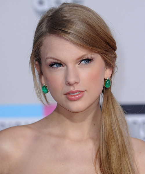 Taylor Swift Long Straight Updo with a low side ponytail