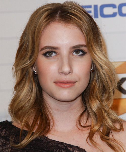 Emma Roberts Medium Wavy   Dark Copper Blonde   Hairstyle   with Light Blonde Highlights