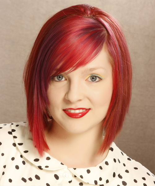 Medium Straight Layered   Bright Red  Haircut with Side Swept Bangs  and Pink Highlights