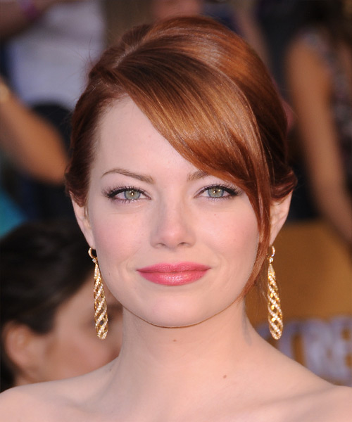 Emma Stone Long Straight Ginger Red Updo with Side Swept Bangs