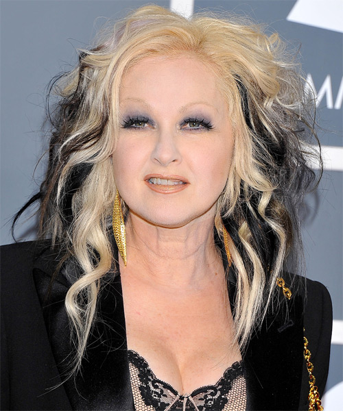 Cyndi Lauper Long Wavy   Light Platinum Blonde and Black Two-Tone   Hairstyle