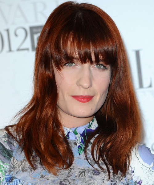 Florence Welch Long Straight   Dark Auburn Red   Hairstyle with Blunt Cut Bangs