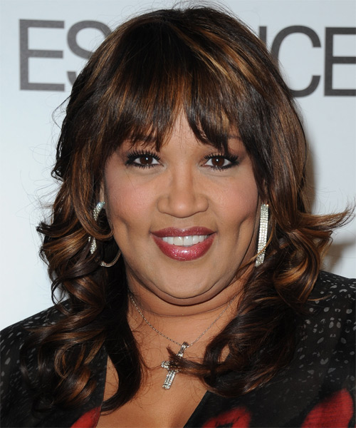 Kym Whitley Long Wavy   Black Mocha    Hairstyle with Layered Bangs  and  Brunette Highlights