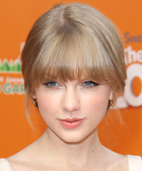 Taylor Swift  Long Straight   Dark Blonde  Updo  with Blunt Cut Bangs 
