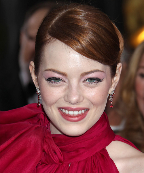 Emma Stone  Long Straight   Dark Auburn Red  Updo Hairstyle with Side Swept Bangs