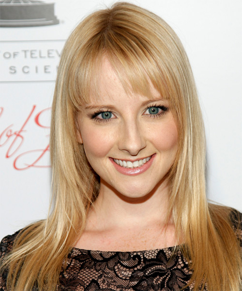 Melissa Rauch Long Straight    Golden Blonde   Hairstyle with Blunt Cut Bangs  and Light Blonde Highlights