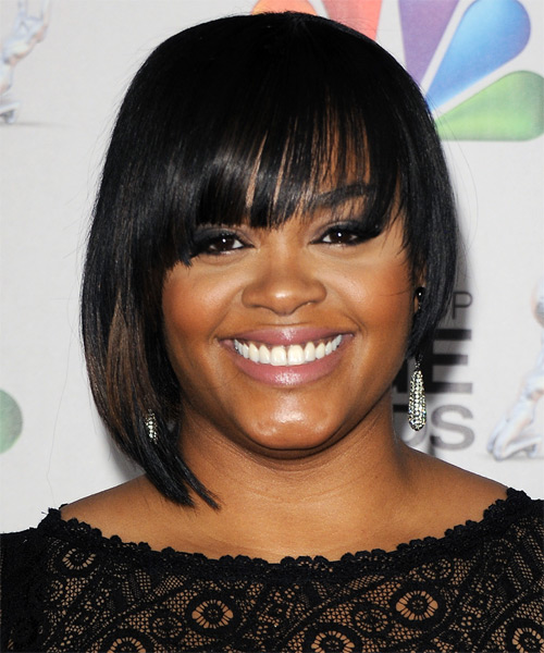 Jill Scott Short Straight   Black  Bob  Haircut with Layered Bangs  and  Brunette Highlights