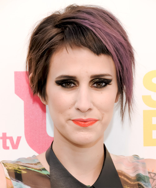 Dev Short Straight   Dark Brunette and Purple Two-Tone   Hairstyle with Razor Cut Bangs