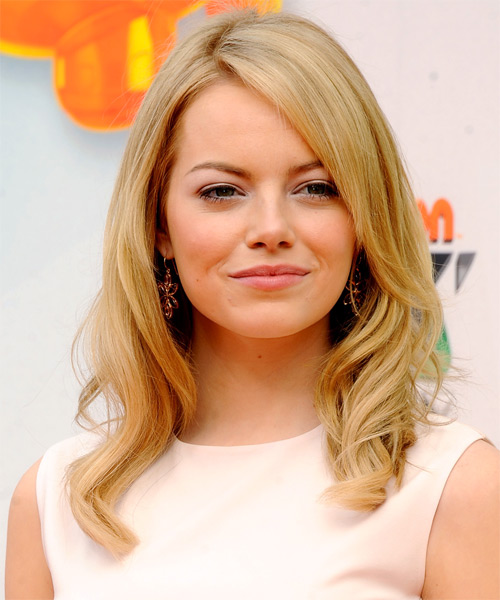 Emma Stone Long Wavy Golden Blonde Hairstyle with Side Swept Bangs