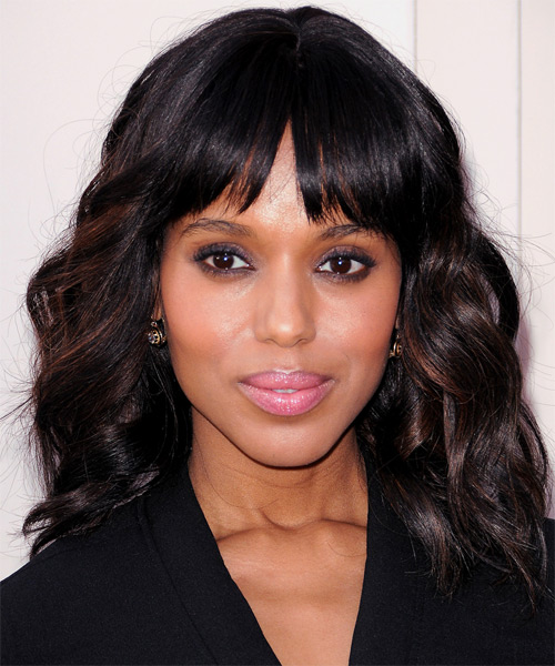 Kerry Washington Medium Wavy   Black    Hairstyle with Layered Bangs  and Dark Brunette Highlights