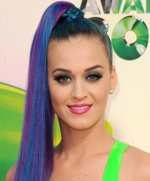 Katy Perry Long Straight   Blue Bright   Updo   with Purple Highlights