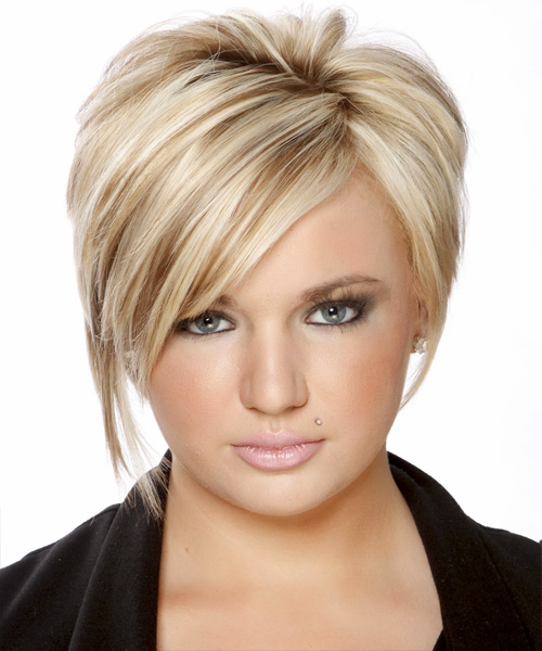  Short Straight   Light Golden Blonde   Hairstyle with Side Swept Bangs  and Dark Blonde Highlights