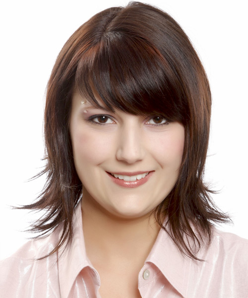 Medium Straight Layered  Dark Brunette Bob  Haircut with Layered Bangs