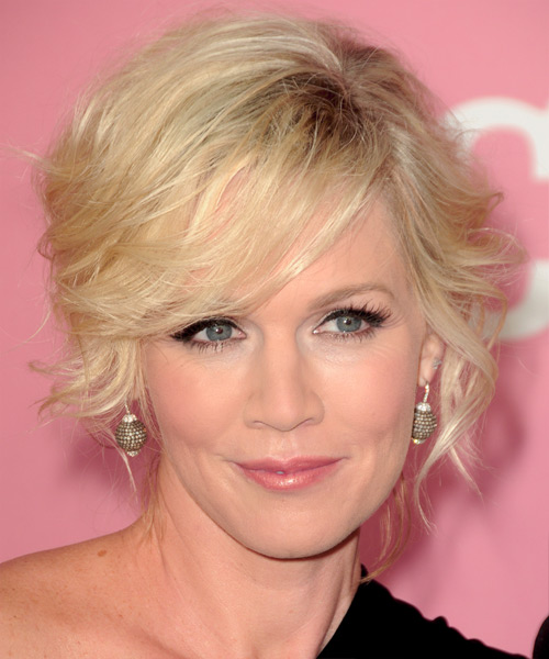 Jennie Garth Medium Curly Light Blonde Updo Hairstyle with Side Swept Bangs