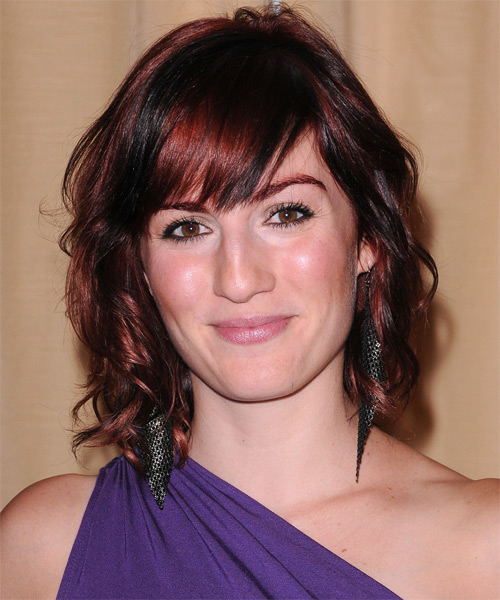 Alison Haislip Medium Wavy   Black    with Side Swept Bangs  and  Red Highlights