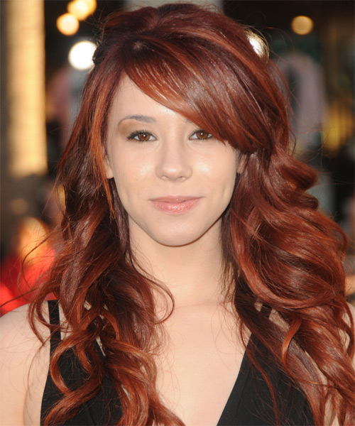 Jillian Rose Reed  Long Curly    Red  Half Up Half Down Hairstyle with Side Swept Bangs  and Light Red Highlights