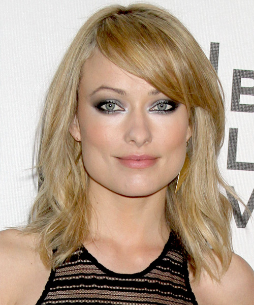 Olivia Wilde Medium Straight    Golden Blonde   with Side Swept Bangs  and Light Blonde Highlights