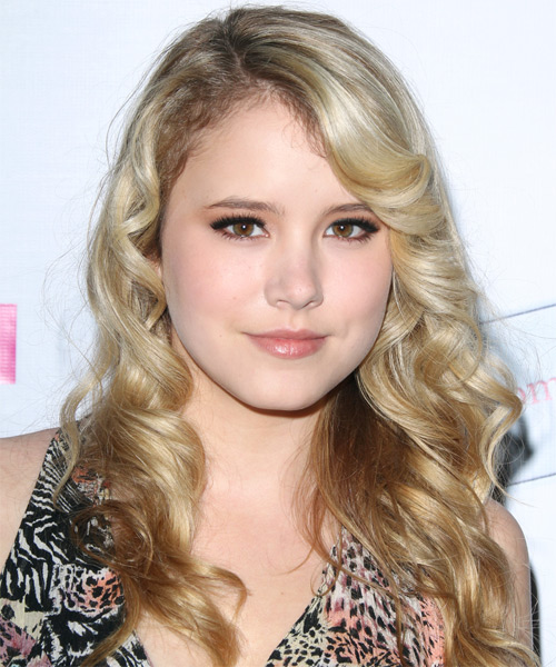 Taylor Spreitler Long Curly    Blonde   Hairstyle with Side Swept Bangs  and Light Blonde Highlights