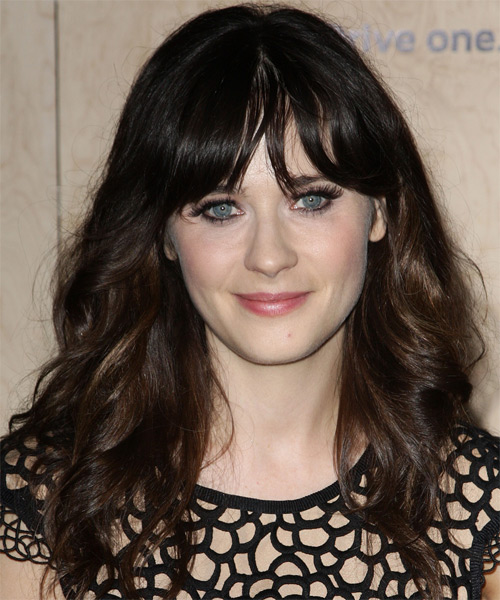 Zooey Deschanel Long Wavy   Dark Mocha Brunette   Hairstyle with Layered Bangs