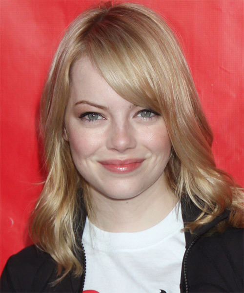 Emma Stone Medium Straight    Strawberry Brunette   Hairstyle with Side Swept Bangs  and Light Blonde Highlights