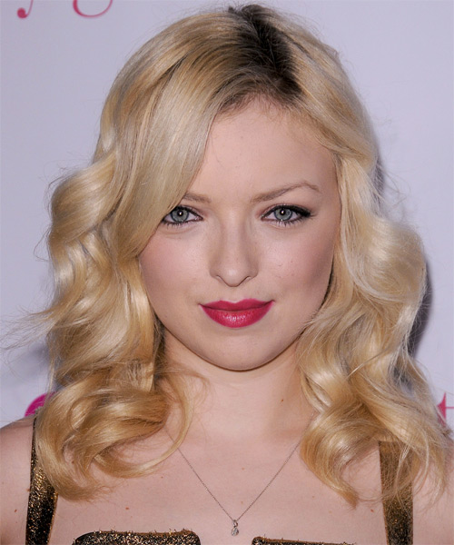 Francesca Fisher-Eastwood  Long Wavy    Champagne Blonde   Hairstyle with Side Swept Bangs  and Light Blonde Highlights