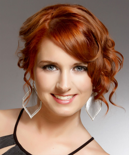   Medium Curly    Copper Red  Updo  with Side Swept Bangs 