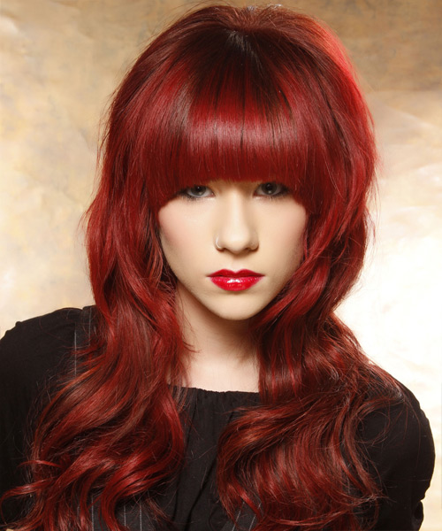 Wavy    Bright Red with Blunt Cut Bangs - side view