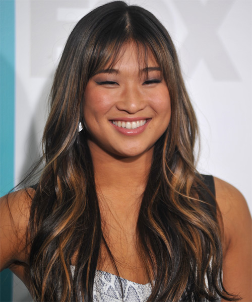 Jenna Ushkowitz Long Straight    Brunette   Hairstyle with Layered Bangs  and  Red Highlights