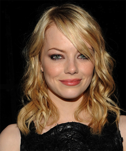 Emma Stone Medium Wavy   Light Golden Blonde   Hairstyle with Side Swept Bangs