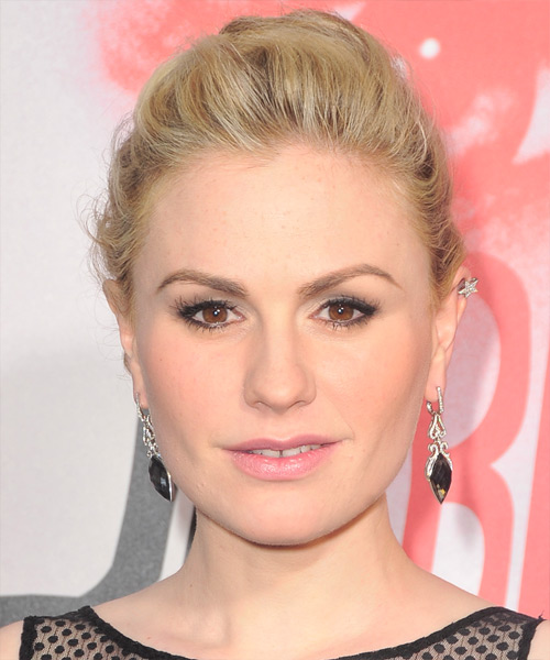 Anna Paquin Long Straight    Golden Blonde Braided Updo   with Light Blonde Highlights