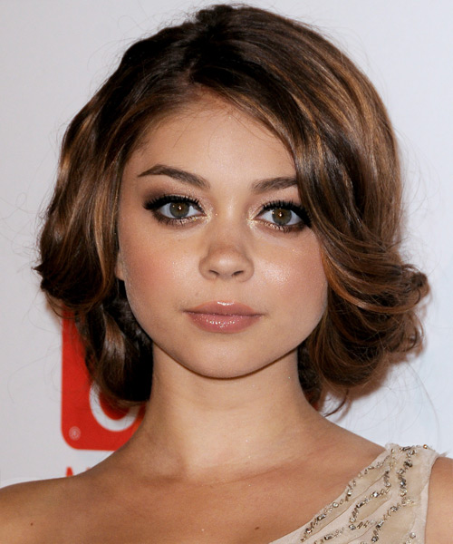 Sarah Hyland  Long Curly    Brunette  Updo Hairstyle with Side Swept Bangs  and Light Brunette Highlights