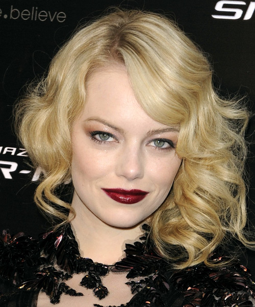 Emma Stone Medium Wavy    Golden Blonde   with Side Swept Bangs  and Light Blonde Highlights