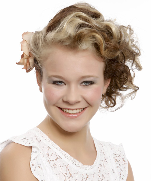 Medium Curly   Light Blonde and  Brunette Two-Tone  Updo Hairstyle