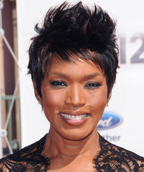 Angela Bassett     Black  Pixie  Haircut with Side Swept Bangs  and Dark Brunette Highlights