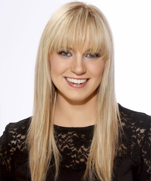 Model with long blonde hair and Blunt Cut Bangs - Light Golden Blonde Hair Color with Blonde Highlights