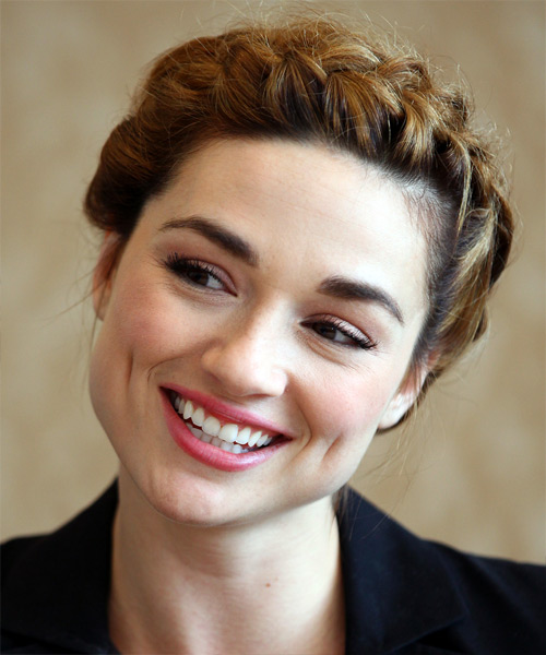 Crystal Reed Long Curly   Dark Honey Brunette Braided Updo   with  Blonde Highlights