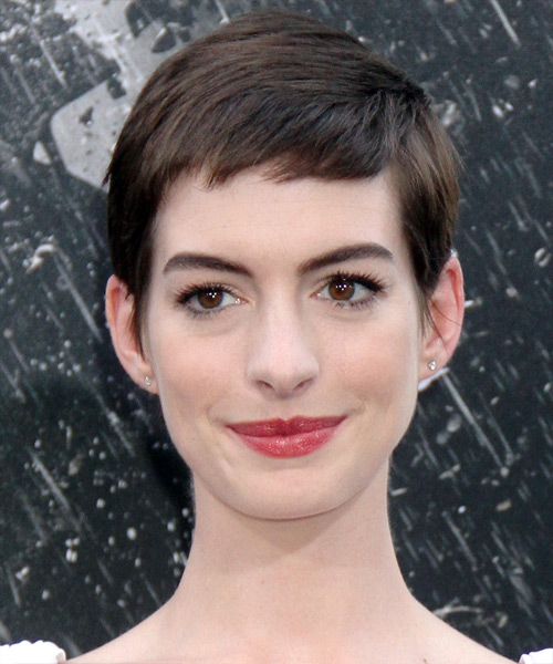 Anne Hathaway Layered Dark Mocha Pixie Haircut with Side Swept