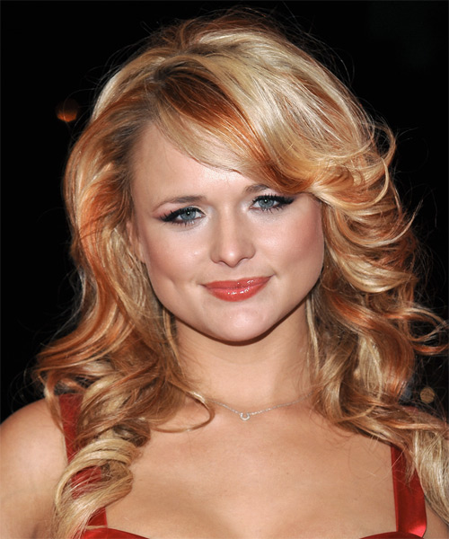 Miranda Lambert Long Wavy    Copper Blonde   Hairstyle with Side Swept Bangs  and  Red Highlights