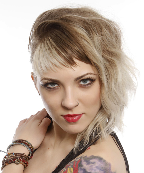  Medium Wavy   Light Blonde and Light Brunette Two-Tone   Hairstyle with Asymmetrical Bangs 