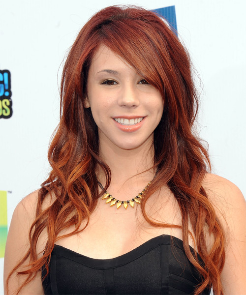 Jillian Rose Reed Long Wavy    Copper Red   Hairstyle with Side Swept Bangs  and Light Red Highlights