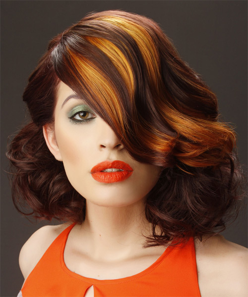 Wild Auburn Brunette  Waves With Side Swept Bangs and Orange Highlights - side view