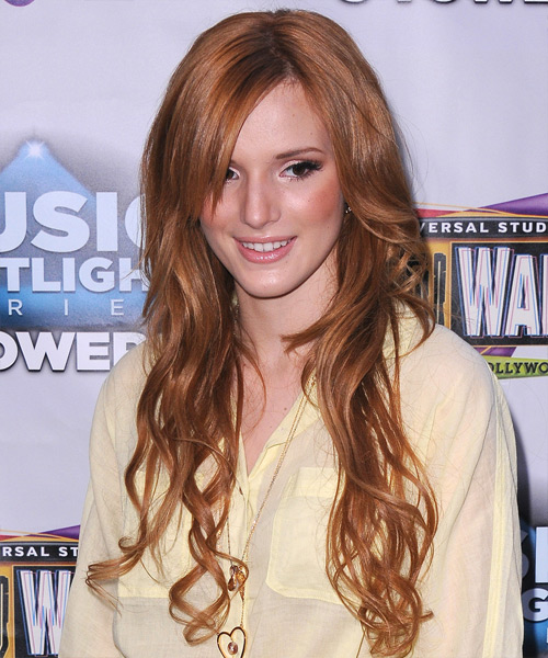 Bella Thorne Long Wavy    Copper Brunette   Hairstyle with Side Swept Bangs