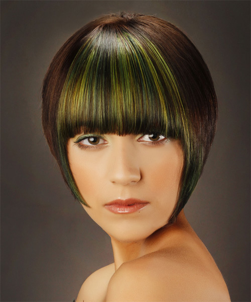 Short Straight Dark Brunette Bob Haircut With Blunt Cut Bangs And Green Highlights