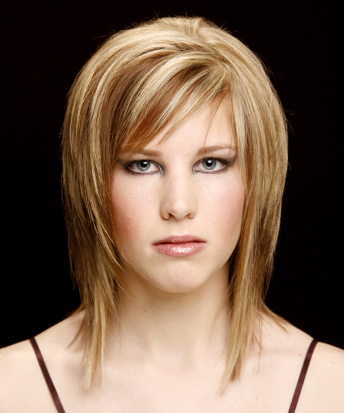 Straight    Copper Blonde with Side Swept Bangs  and Light Blonde Highlights - side view