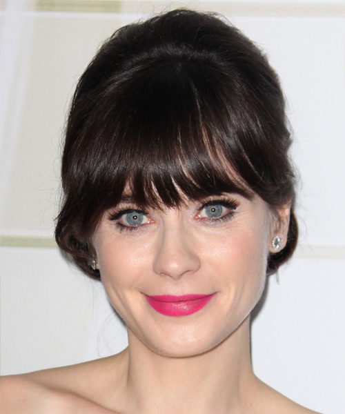 Zooey Deschanel Long Straight   Dark Mocha Brunette  Updo with Blunt Cut Bangs